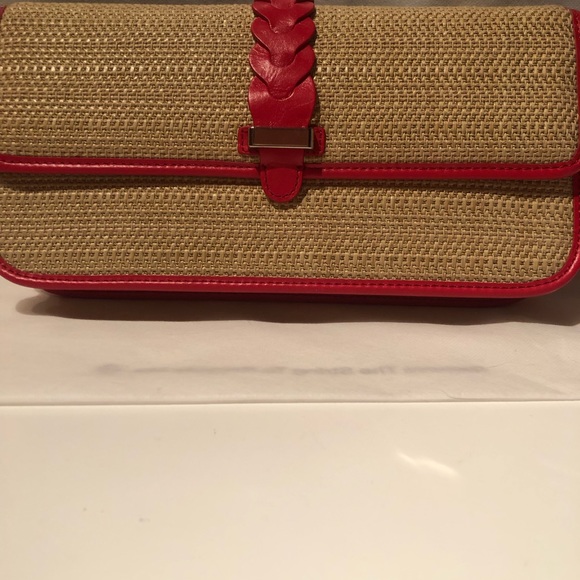 NWT Cole Hann Bedford woven straw clutch with red leather trim & braided front